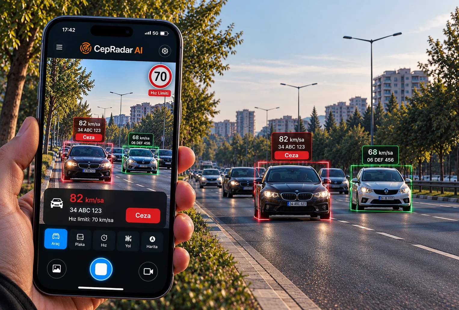 CepRadar AI tanıtım görseli: telefonda örnek trafik gözlem arayüzü